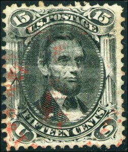1868 US #91 A33 15c Used Red Cancel Stamp Catalogue Value $725, Grade 70 Cert 