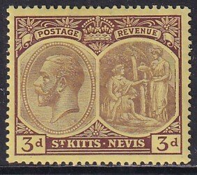 Sc# 45 St Kitts Nevis 1922 KGV Columbus looking for land 3p MLH Wmk 4 CV $2.00