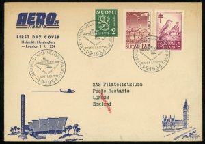 Finnair Helsinki London First Airmail Flight FDC 1954 Unclaimed Returned Cover