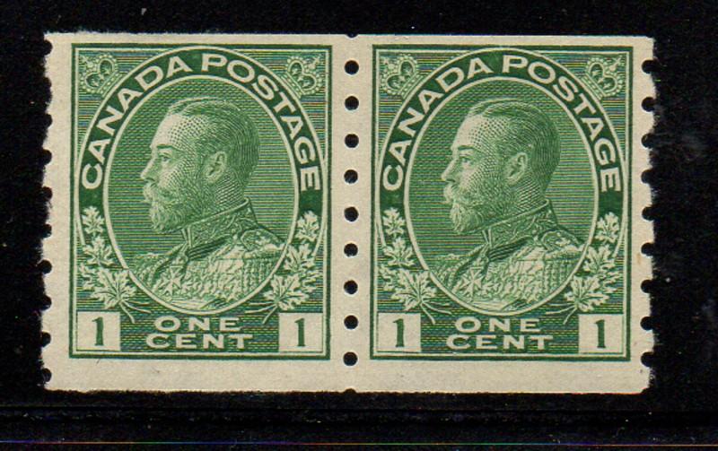 Canada Sc 125 1912 1c green GV Admiral coil stamp pair mint 