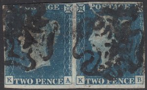 Great Britain 1840 used Sc #2 2p Victoria, blue Pair Position KA, KB Tear