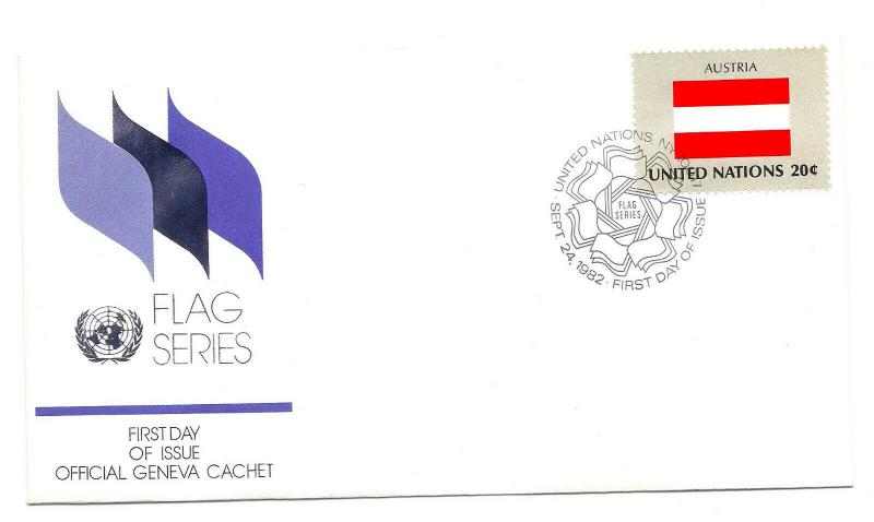 United Nations #374 Flag Series 1982, Austria, Official Geneva Cachet, FDC