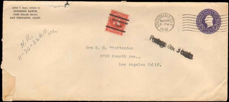 1932 SAN FERNANDO CALIFORNIA POSTAL STATIONARY + POSTAGE DUE STAMP