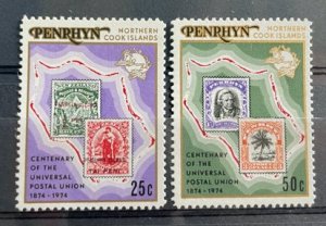 (808) PENRHYN 1974 : Sc# 64-65 MNH VF UPU CENTENN STAMPS ON STAMPS MAP ISLAND