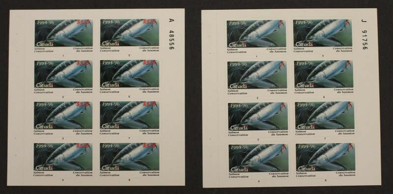 CANADA REVENUE BCF7p MINT SET OF 2 PANES OF 8 BRITISH COLUMBIA FISHING STAMPS