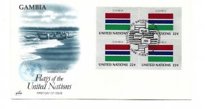 United Nations #480 Flag Series 1986, Gambia, ArtCraft, block of 4 FDC