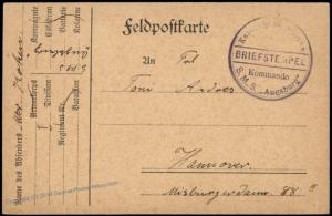 Germany WWI Navy SMS Augsburg Kommando MSP Feldpost Cover 75524