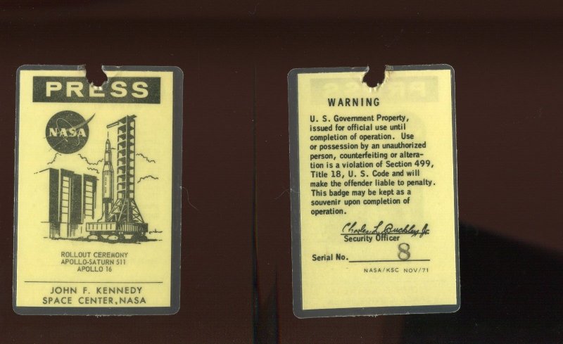 APOLLO 16 ROLLOUT LAMINATED NOV 1971 PRESS BADGE SERIAL NUMBER 8 (BZ 1100)