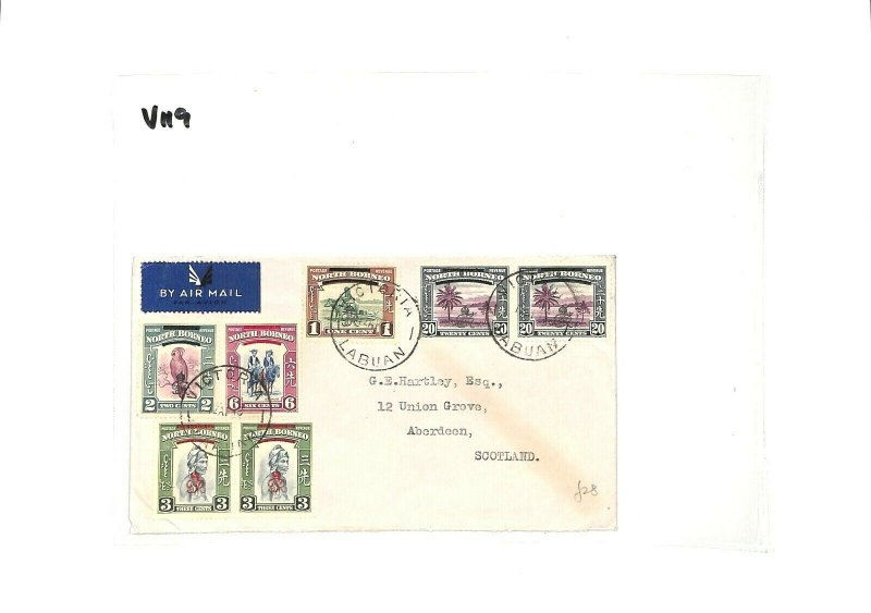 NORTH BORNEO Air Mail Cover LABUAN *Victoria* Overprints GB Scotland 1948 GV119