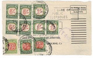 Australia 1958 Melbourne cancel on postage due receipt, including 5/- block of 4