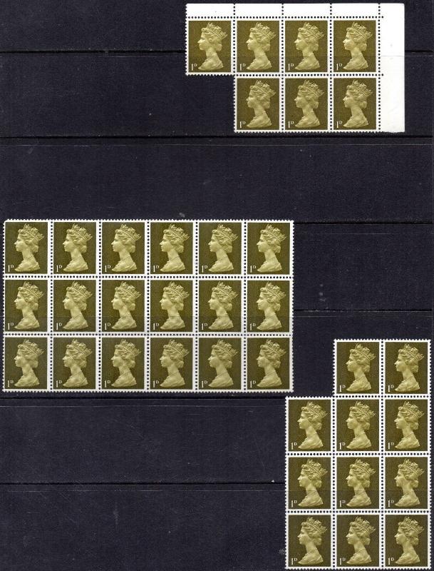 1968 SG 724 1d Olive Unmounted Mint in Three Blocks, 36 stamps in total