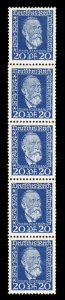 Germany #341 Cat$37.50+, 1924 20pf dark blue, vertical strip of five, never h...