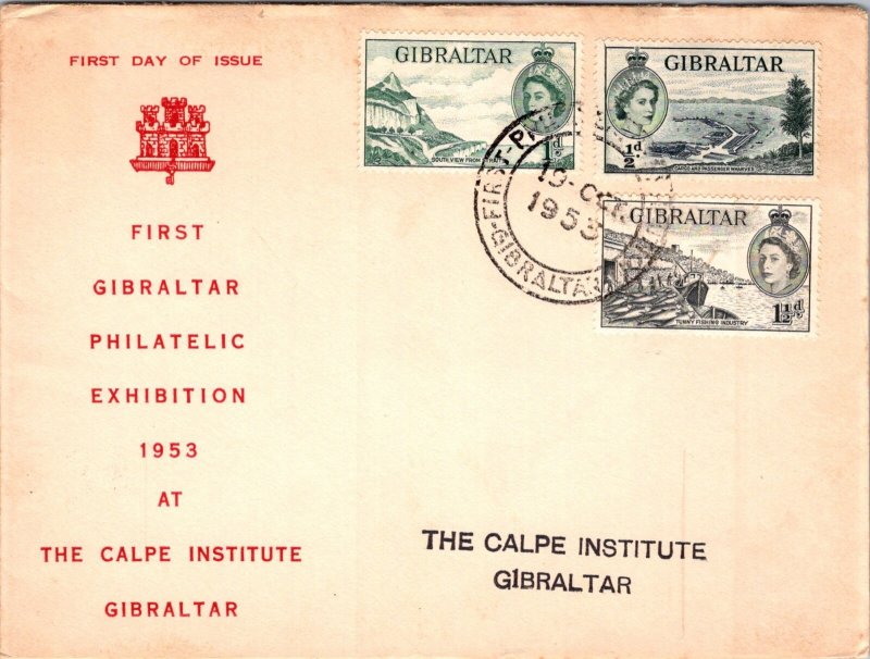 GIBRALTAR 1953 ILLUSTRATED FDC COVER MULT FRANKING QUEEN ELIZABETH II ADDR CANC