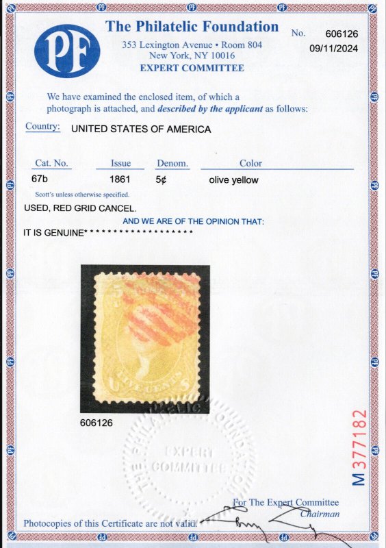Scott 67b, SOUND!!! CLEAN PF Recent Cert -- RARE STAMP, RARE SOUND CONDITION!!!