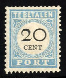 Netherlands #J10 Cat$35, 1881 20c light blue, hinged