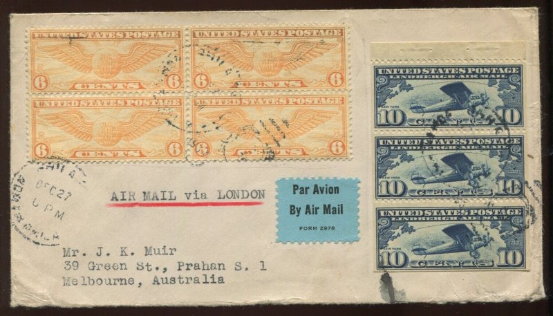 C10a Booklet Pane & More Used on US-Melbourne Australia Flight Cover LV6703