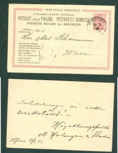 Finland. 1886  Stationery Helsingfors, 10 P. Postal Used. Adr: Wasa