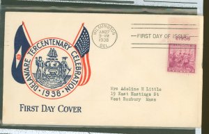 US 836 1938 3c delaware tercentenary on an addressed, typed fdc with a plimpton cachet