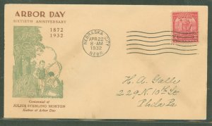 US 717 1932 2c arbor day commemorative single on an addressed fdc, toned with a linprint cachet