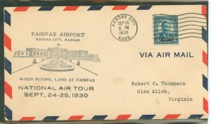 US 663 1930 5c Kans overprint (solo) franked this national air tour cover canceled on Sept 24, 1930.  The first day of the eve