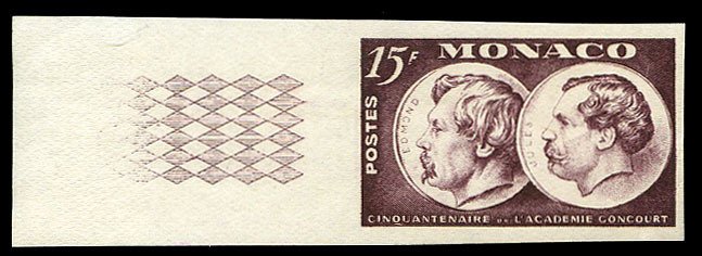 Monaco #261 (YT 352a) Cat€20, 1951 Goncourt, imperf. left sheet margin sing...