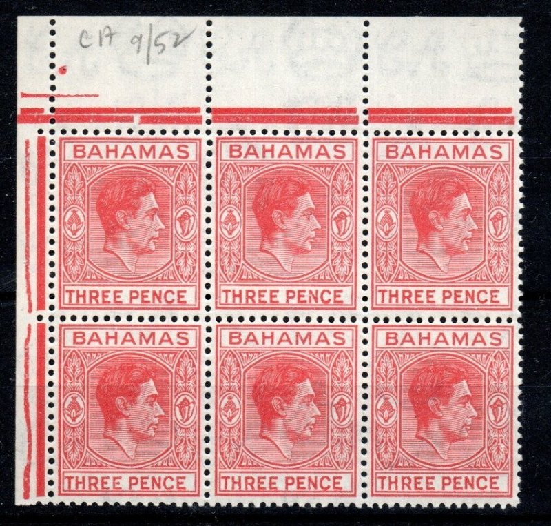 Bahamas 1952 3D Scharlachrot King George VI Sg 154b MNH Am Rand Block Of 6