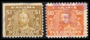 1915 CANADA REVENUE VINTAGE $1. #FX14, $10. #19 VERY SCARCE EXCISE TAX STAMPS