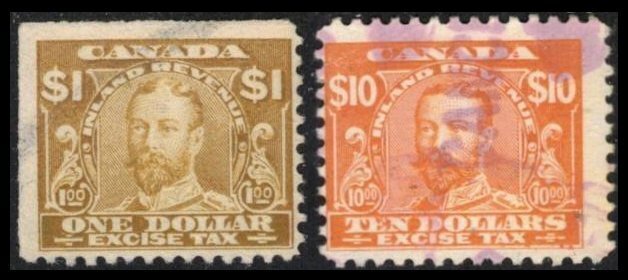 1915 CANADA REVENUE VINTAGE $1. #FX14, $10. #19 VERY SCARCE EXCISE TAX STAMPS