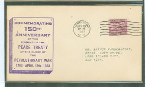 US 727 1933 3c Washington's headquarters (Revolutionary Peace treaty) single on an addressed first day cover with an unk...