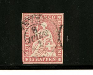 Switzerland #38 (S467) Helvetia 15 r dark rose, 1858, used, F-VF, CV$70.00