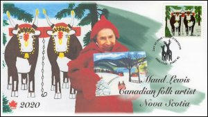 CA20-040, 2020, Maud Lewis, Pictorial Postmark, FDC, Christmas, Folk Art, cows