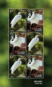 St. Vincent 2015 - Great Egret, Bird, Animal, Fauna - Sheet of 6 Stamps - MNH