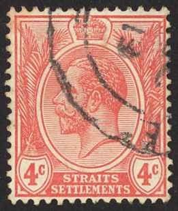 Straits Settlements Sc# 183 Used 1925 4c scarlet KGV