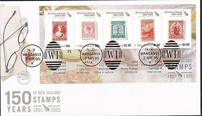 NEW ZEALAND 2005 150 Years of Stamps souvenir sheet FDC.....................8398