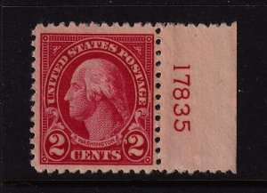 1923 Washington 2c carmine Sc 554 MNH right plate number single CV $15 (R05