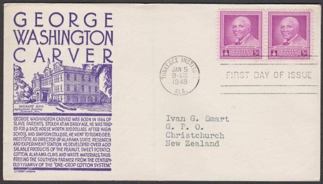 USA 1948 3c Carver - C Stephen Anderson commem FDC to New Zealand...........M127