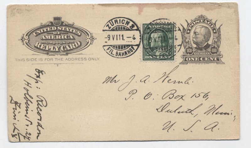 1912 1ct sheriden reply postal card uprated from Switzerland [y8975]