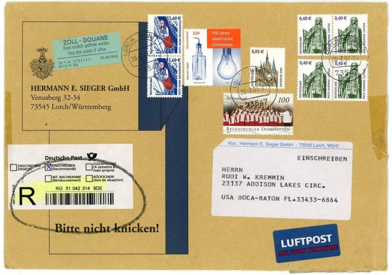 Germany to USA Deutsche Post Registered Airmail Commercial Cover Customs Label