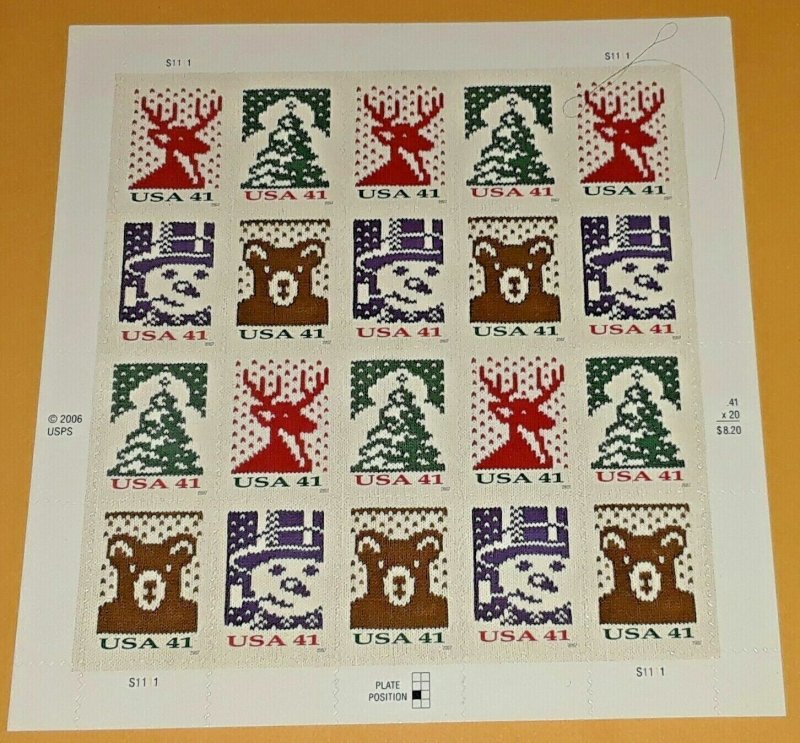 Three Panes x 20 = 60 of CHRISTMAS KNITS 41¢ US Postage Stamps. USA Sc 4207-4210