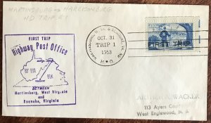 US #1024 Highway Post Office Cover West Virginia to Virginia 10/31/1953 L37