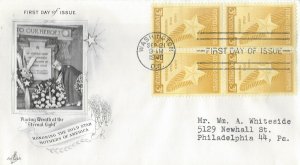 1948 FDC, #968, 3c Gold Star Mothers, Art Craft, block of 4