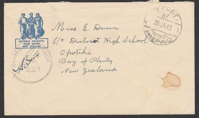 NEW ZEALAND FORCES IN EGYPT 1943 censor cover EGYPT / POSTAGE / PREPAID.....K215