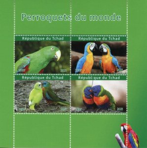 Chad Birds on Stamps 2021 CTO Parrots of World Macaws Conures 4v M/S II 