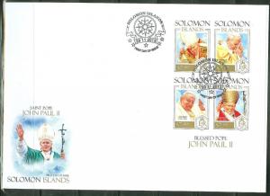 SOLOMON ISLANDS 2013 BLESSED POPE JOHN PAUL II SHEET OF FOUR STAMPS IMPERF FDC