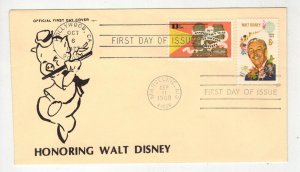 1968 WALT DISNEY 1355 MATHERS DUAL CANCEL FDC + 1727 TALKING PICTURES PIG +FLUTE