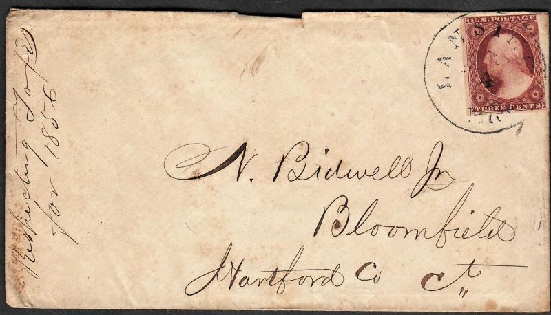 US #11 Die Break On Cover 1856 Lansing MI to Hartford CT