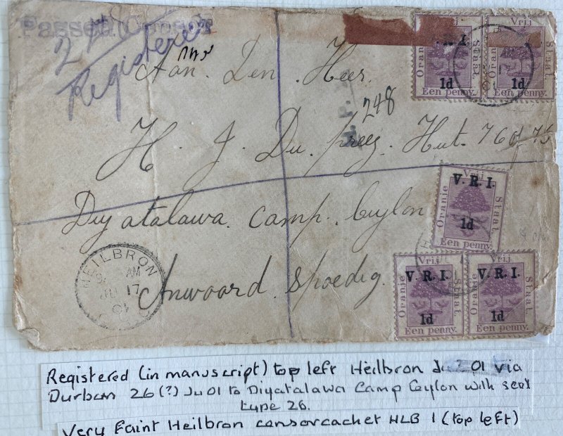 1901 Heilbron South Africa Boer War Censored Cover To Diyatalawa Camp