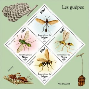 Niger - 2021 Wasps, Pomicolor, Yellow Brown Paper - 4 Stamp Sheet - NIG210220a