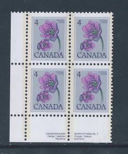 Canada #709 LL PL BL Hepatica 4¢ MNH4