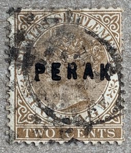 Malaya Perak 1882 2c brown Crown CA. Slight thin. Scott 4, CV $90.00. SG 10